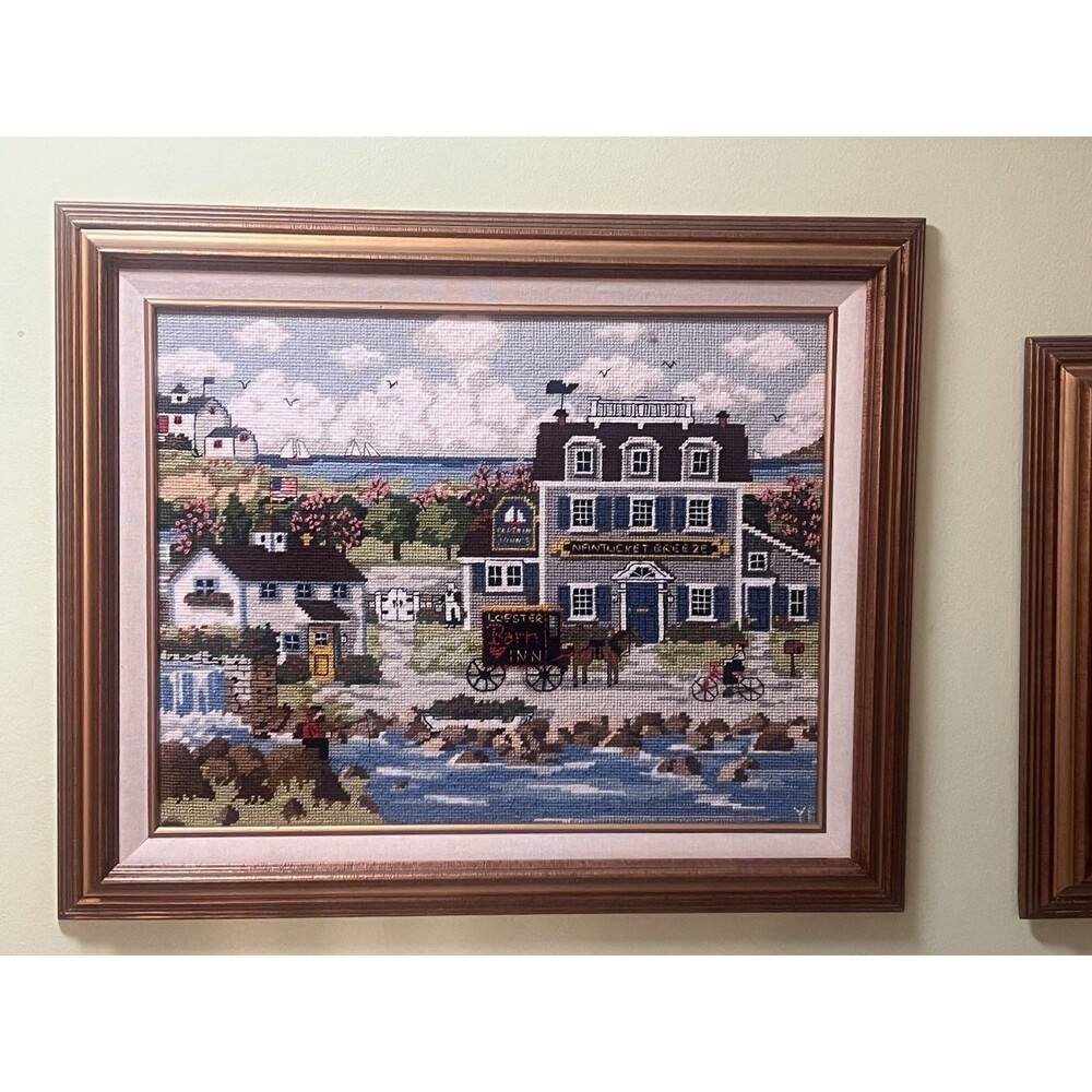 Vintage Framed Nantucket New England Needlepoint Wall Art - 27"x19"